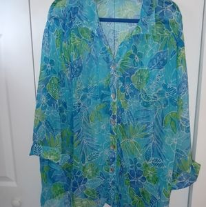 Maggie Barnes button front sheer turquoise and green print blouse